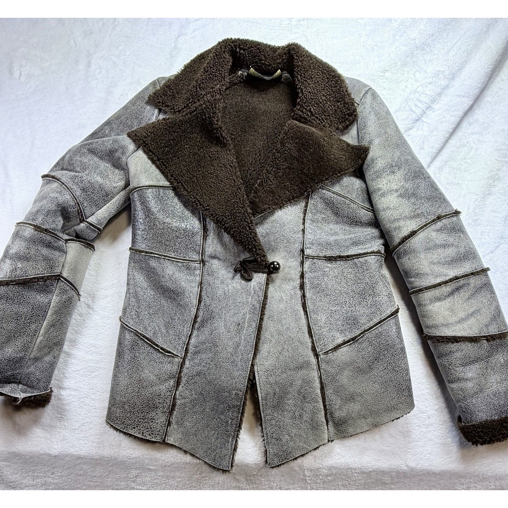 To…Valentina Italy Vintage Gray Leather Brown Shearling Patchwork Moto Jacket M?